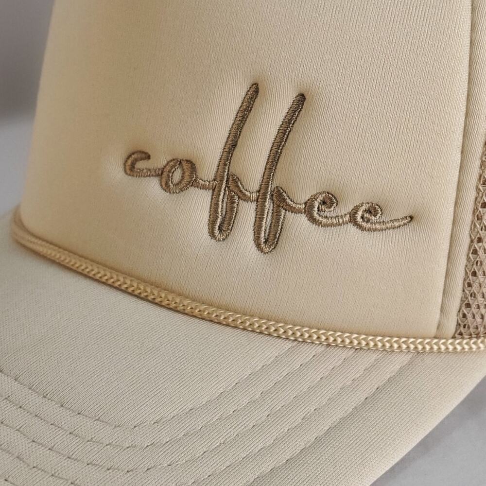 "Coffee" Light Beige Snap Back Mesh Trucker Ball Cap Hat - Barista Collection